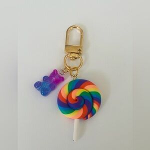 Rainbow Swirl Lollipop Keychain with Purple–Blue Ombré Gummy Bear Charm